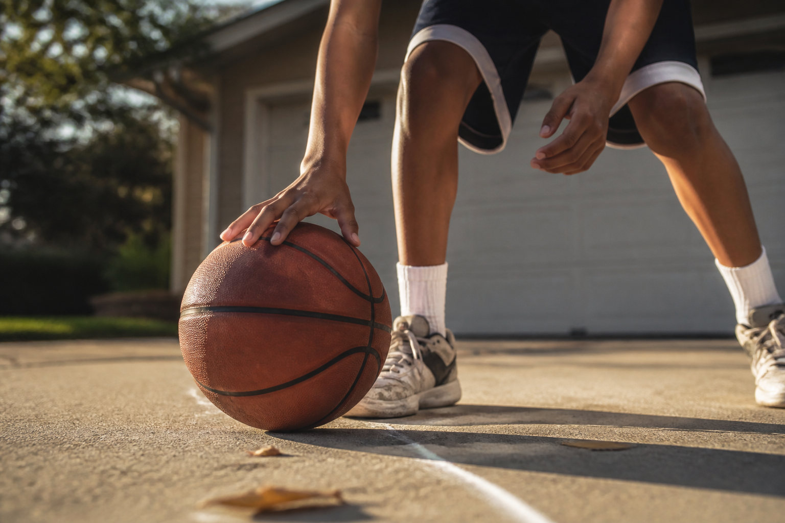 Young basketball player dribbling during practice