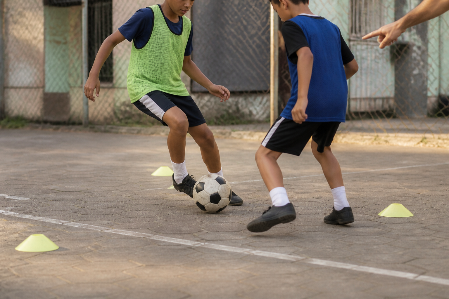 Young football player practising with cones in a small training space
