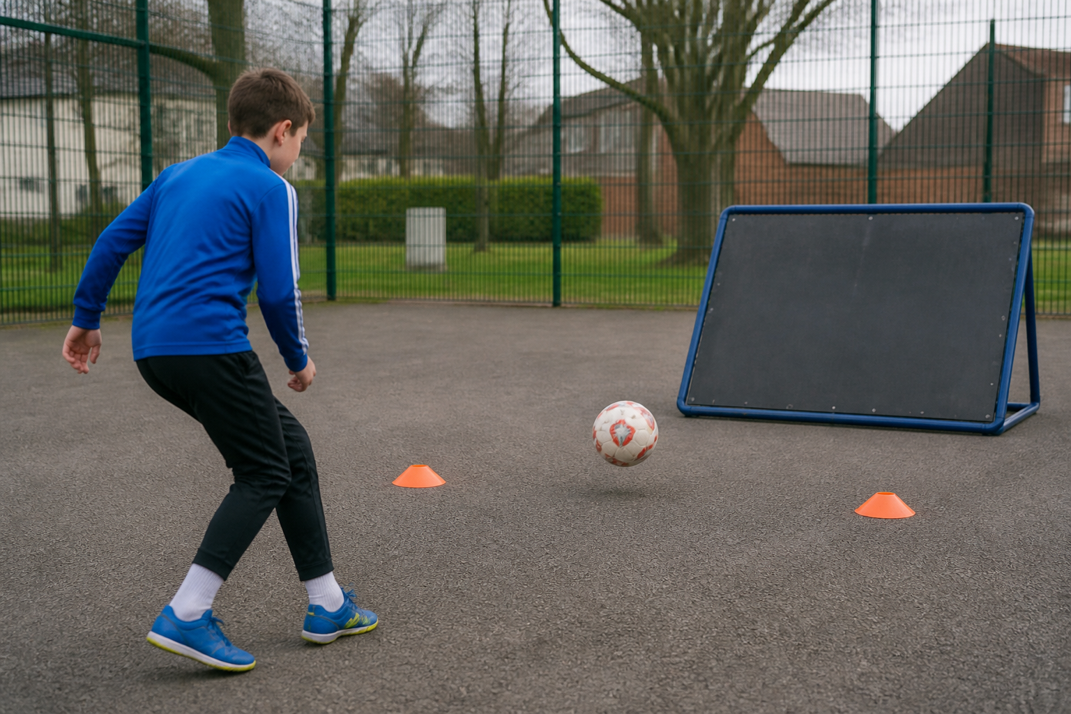 Young football player using a wall for passing practice
